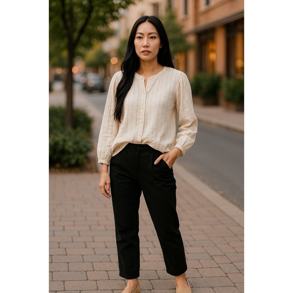 Croft & Barrow Womens XL White Gold Striped Textured Button-Front Blouse